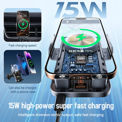 Universal Car Air Vent Electric Rotating Phone Holder with 15W Wireless Charger and Dual Coil Fast Charging for Smart Phones